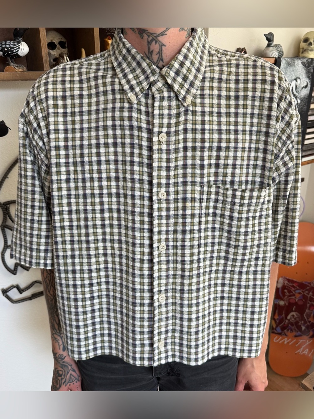 Vintage 90s Cropped Seersucker Plaid S/S Button Down Shirt ~ Size Large